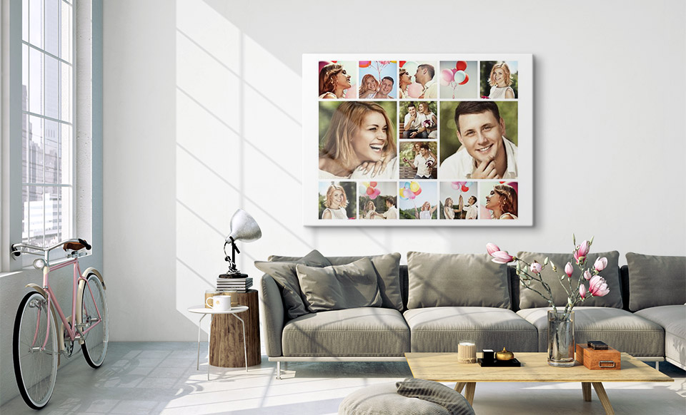 Fotocollage als Leinwand über Sofa