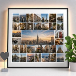 Fotocollage mit vielen Bildern aus Städtetrip, Skyline und Reiseerinnerungen